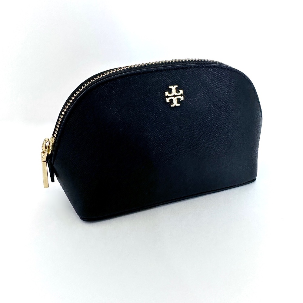 Tory Burch Small Black Textured Leather Makeup/Cosmetic Bag with Zipper